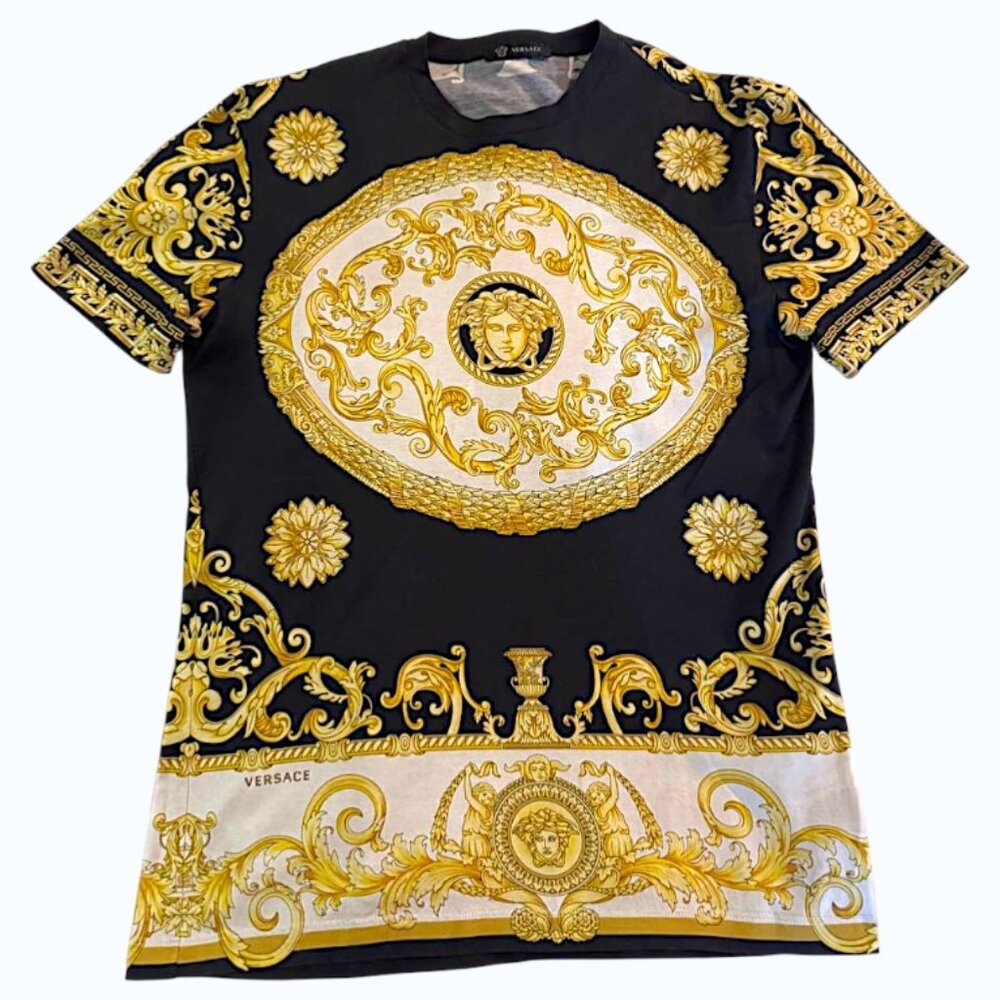 Rare Limited Edition VERSACE T-Shirt Medusa & Black and Gold Barocco Print- XS